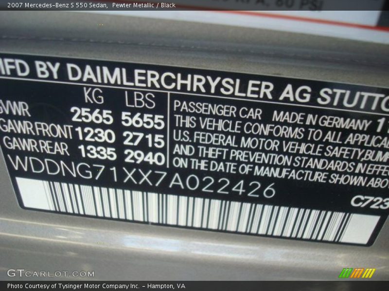 2007 S 550 Sedan Pewter Metallic Color Code 723