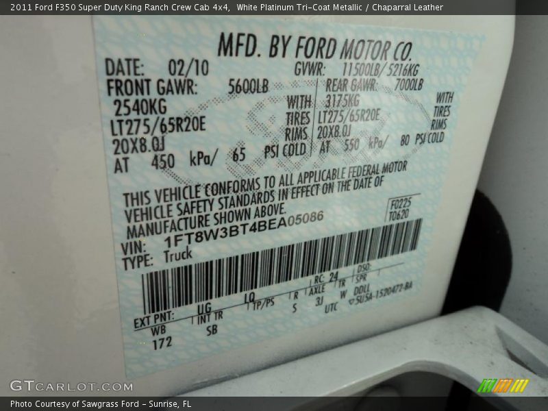 2011 F350 Super Duty King Ranch Crew Cab 4x4 White Platinum Tri-Coat Metallic Color Code UG