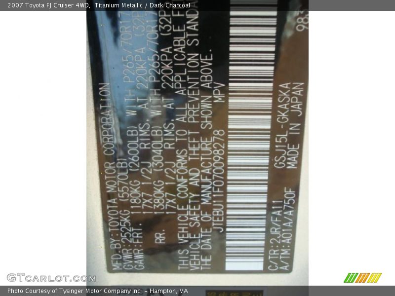 Titanium Metallic / Dark Charcoal 2007 Toyota FJ Cruiser 4WD