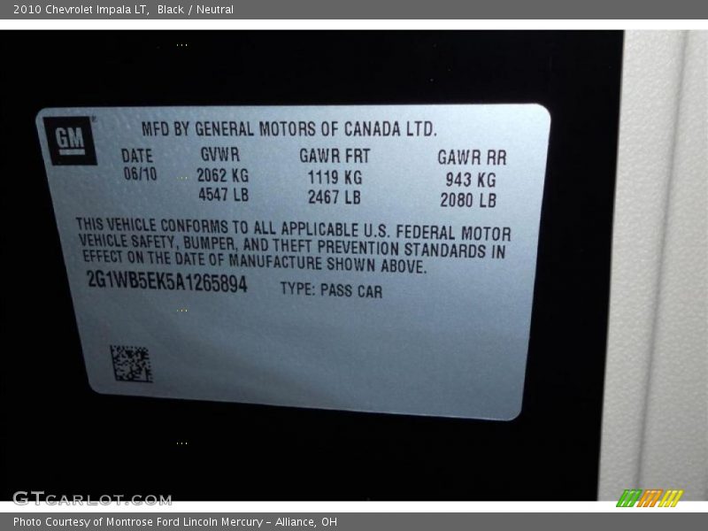 Black / Neutral 2010 Chevrolet Impala LT