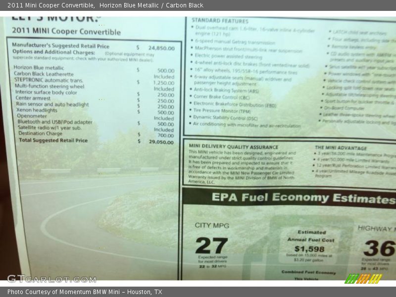  2011 Cooper Convertible Window Sticker