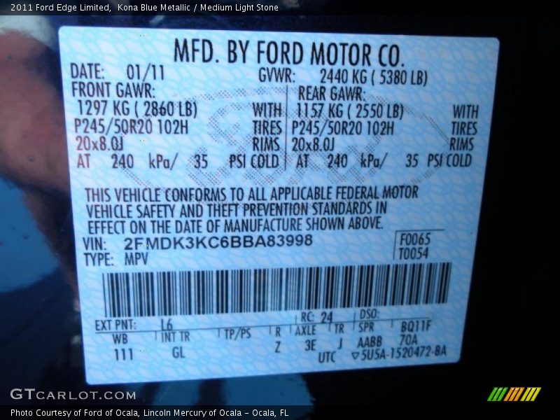 Kona Blue Metallic / Medium Light Stone 2011 Ford Edge Limited