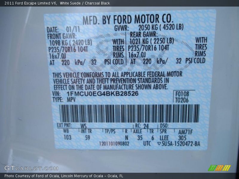 White Suede / Charcoal Black 2011 Ford Escape Limited V6