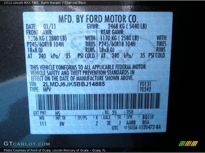 Earth Metallic / Charcoal Black 2011 Lincoln MKX FWD