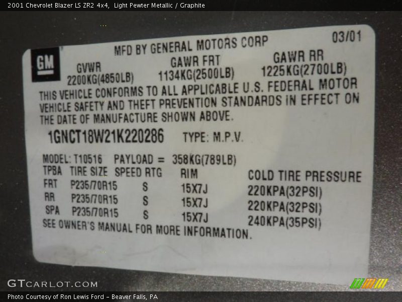 Info Tag of 2001 Blazer LS ZR2 4x4