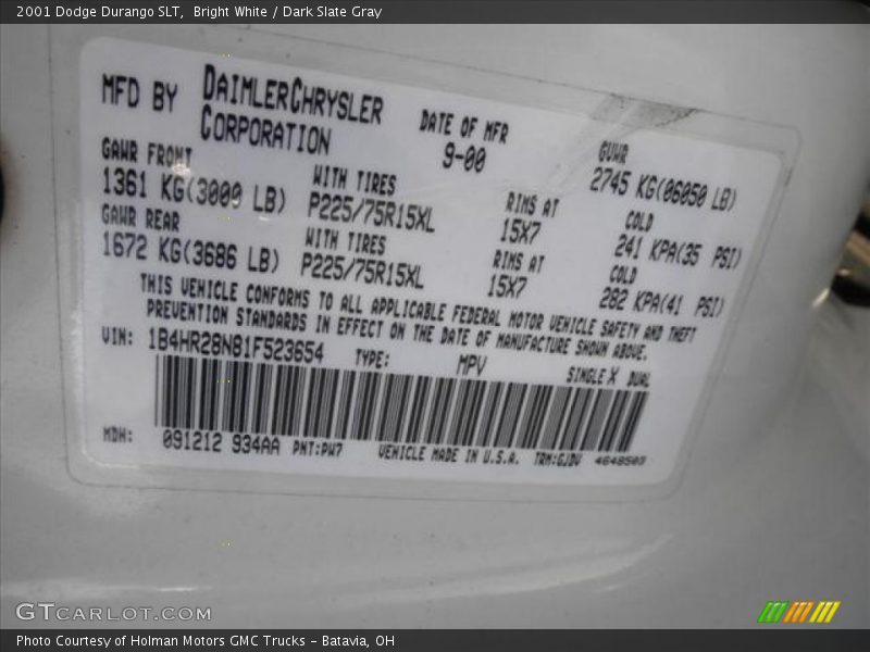 Bright White / Dark Slate Gray 2001 Dodge Durango SLT