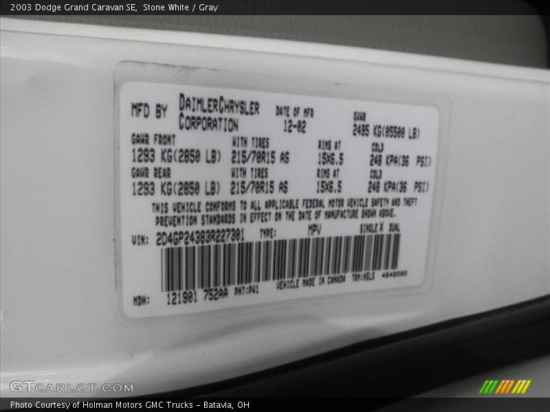 2003 Grand Caravan SE Stone White Color Code PW1