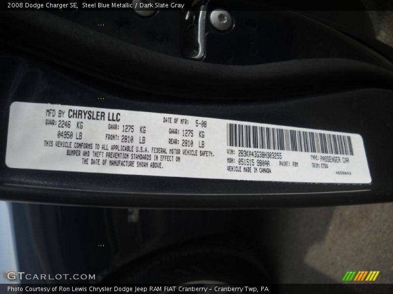 Steel Blue Metallic / Dark Slate Gray 2008 Dodge Charger SE