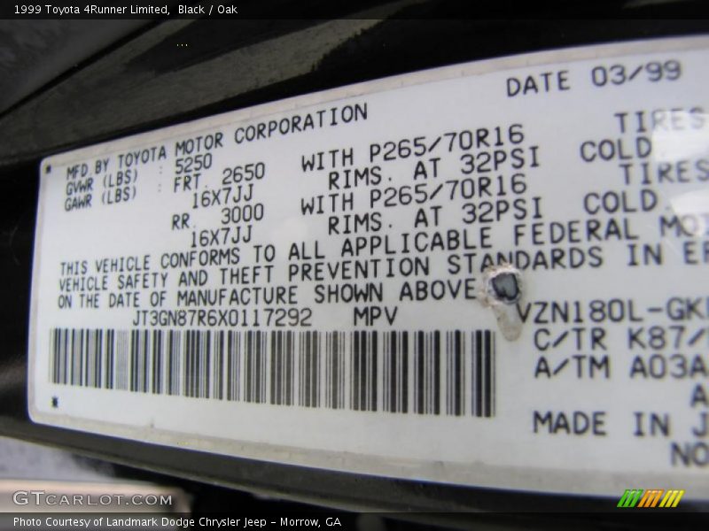 1999 4Runner Limited Black Color Code K87