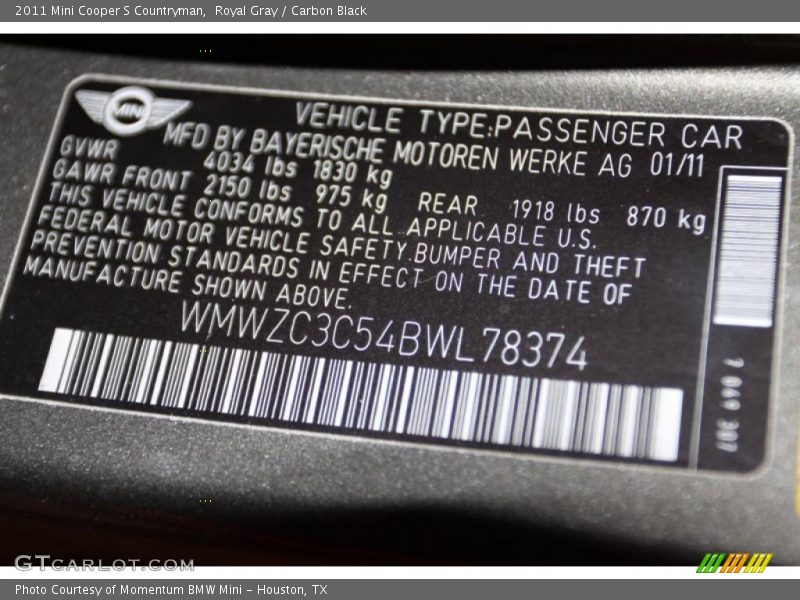 Royal Gray / Carbon Black 2011 Mini Cooper S Countryman