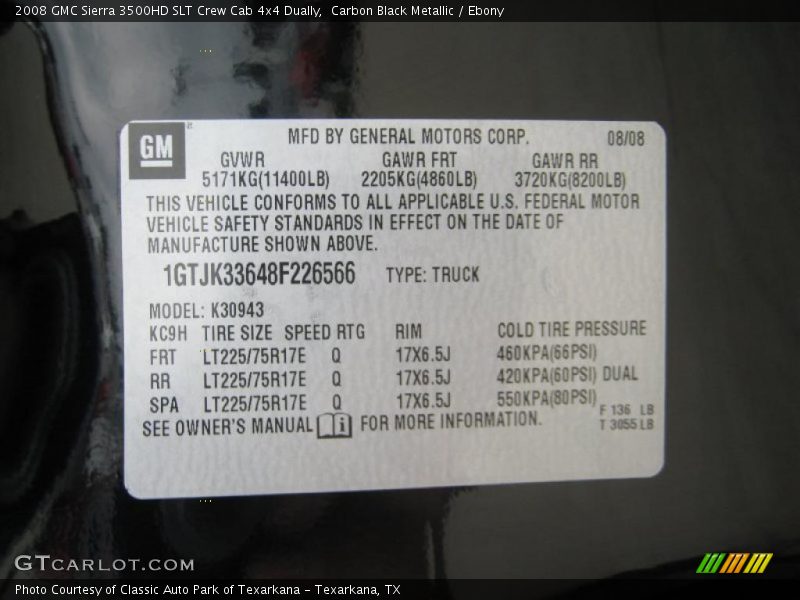 Info Tag of 2008 Sierra 3500HD SLT Crew Cab 4x4 Dually