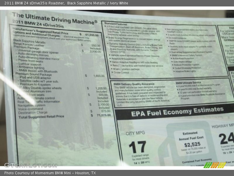  2011 Z4 sDrive35is Roadster Window Sticker