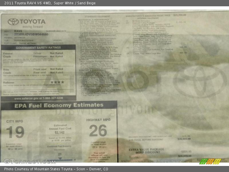  2011 RAV4 V6 4WD Window Sticker