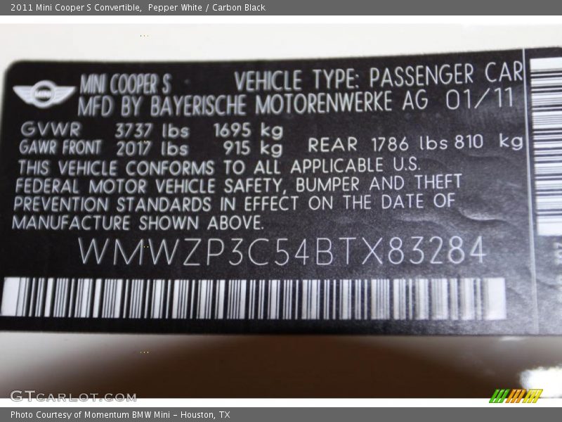 Pepper White / Carbon Black 2011 Mini Cooper S Convertible