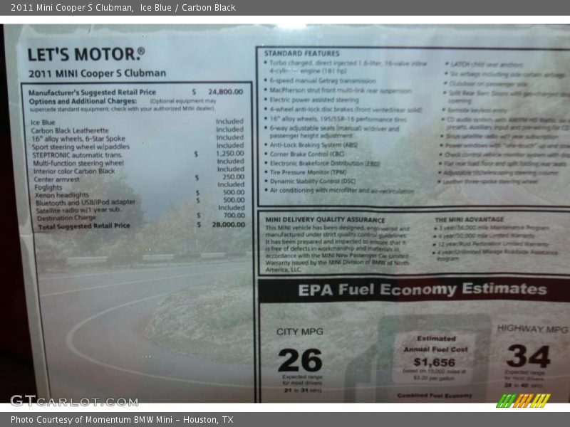  2011 Cooper S Clubman Window Sticker