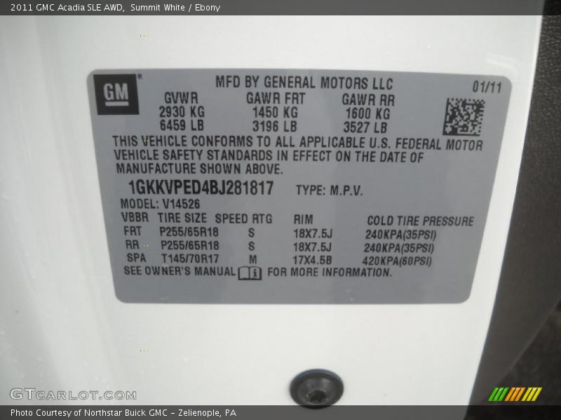 Summit White / Ebony 2011 GMC Acadia SLE AWD