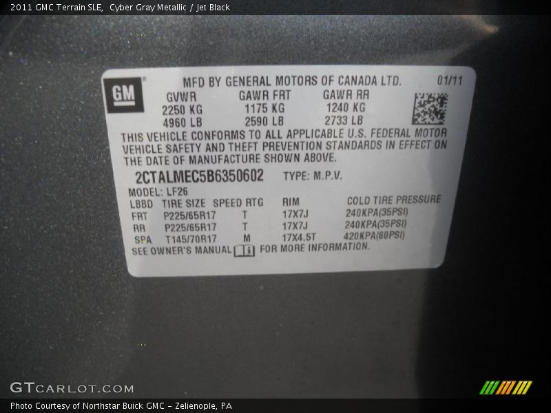 Cyber Gray Metallic / Jet Black 2011 GMC Terrain SLE