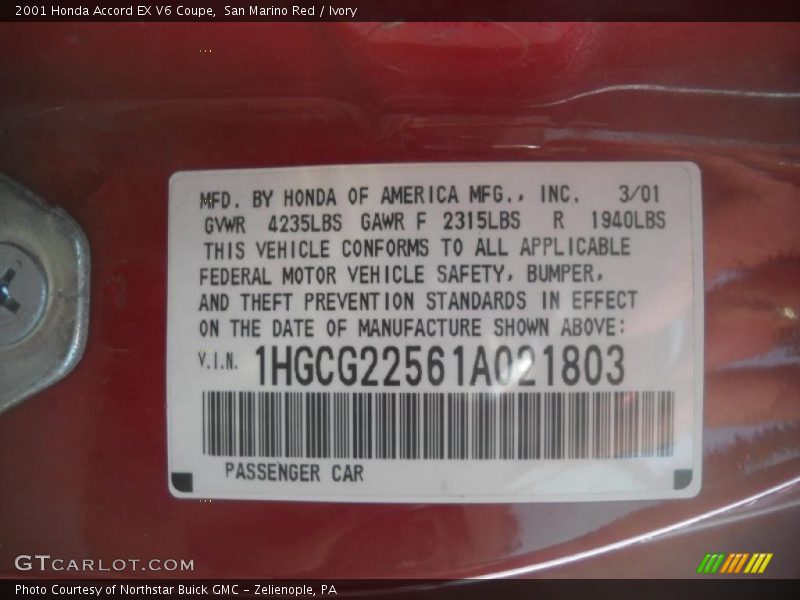San Marino Red / Ivory 2001 Honda Accord EX V6 Coupe