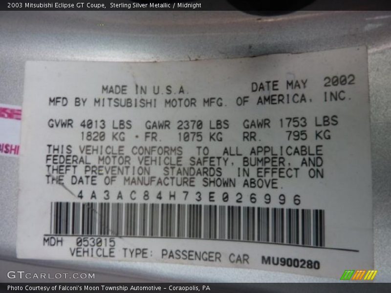 Sterling Silver Metallic / Midnight 2003 Mitsubishi Eclipse GT Coupe