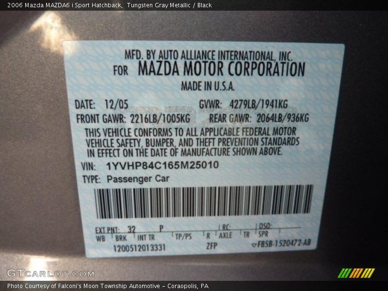2006 MAZDA6 i Sport Hatchback Tungsten Gray Metallic Color Code 32P