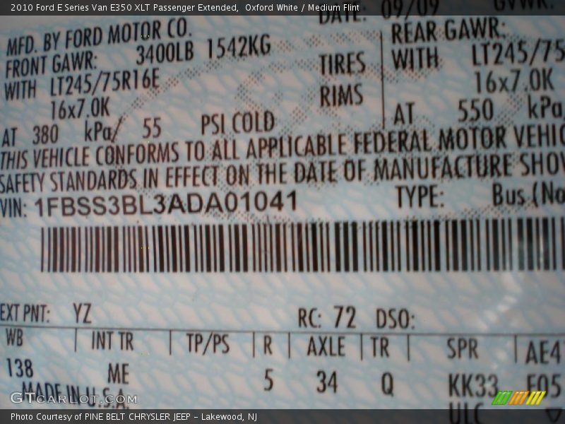 2010 E Series Van E350 XLT Passenger Extended Oxford White Color Code YZ