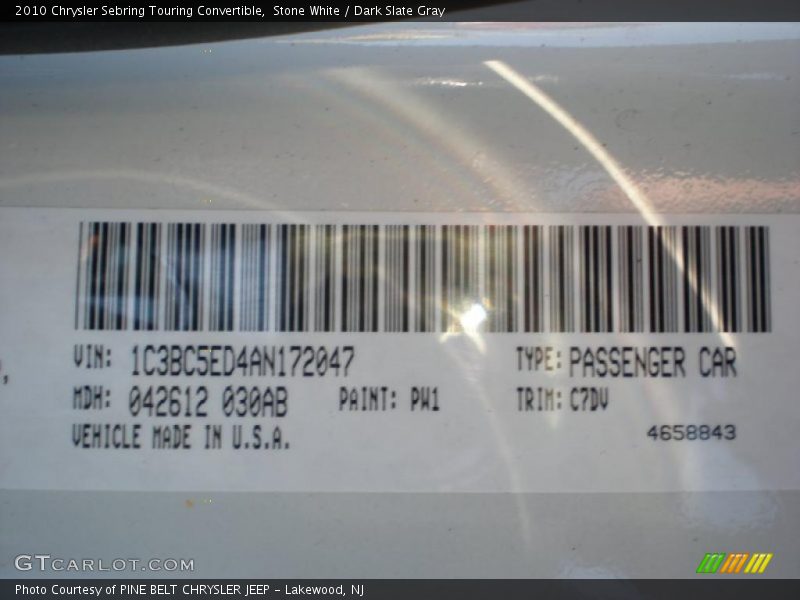 2010 Sebring Touring Convertible Stone White Color Code PW1