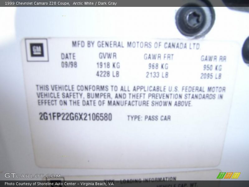 Info Tag of 1999 Camaro Z28 Coupe