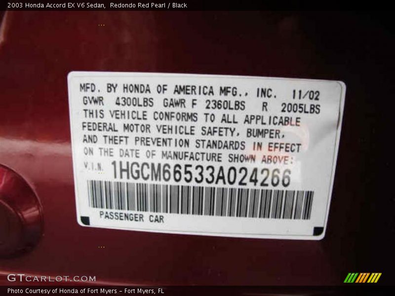 Redondo Red Pearl / Black 2003 Honda Accord EX V6 Sedan