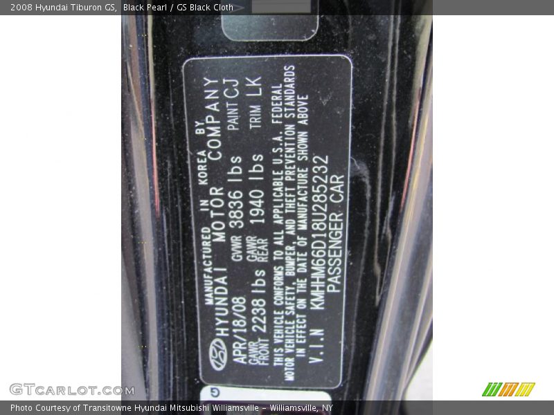 Black Pearl / GS Black Cloth 2008 Hyundai Tiburon GS