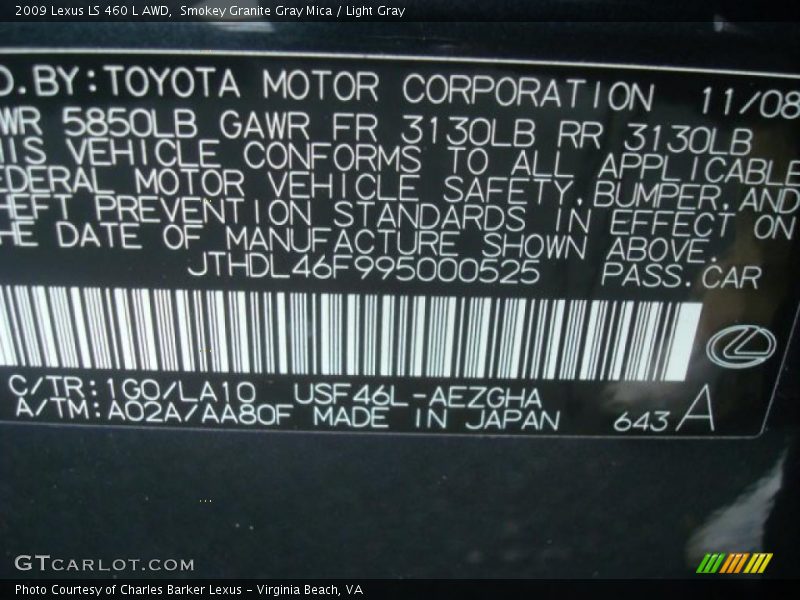 2009 LS 460 L AWD Smokey Granite Gray Mica Color Code 1G0