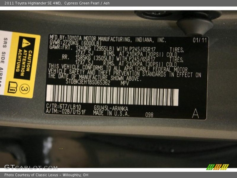 2011 Highlander SE 4WD Cypress Green Pearl Color Code 6T7