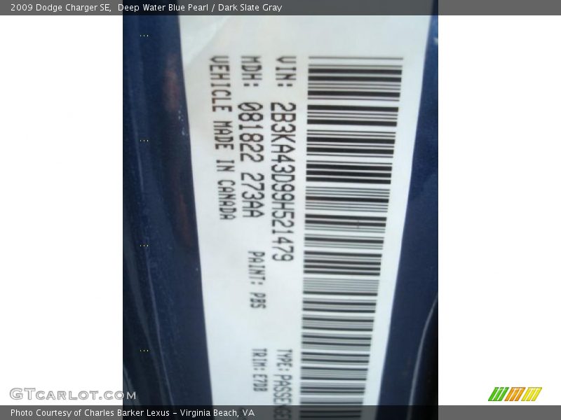 Deep Water Blue Pearl / Dark Slate Gray 2009 Dodge Charger SE