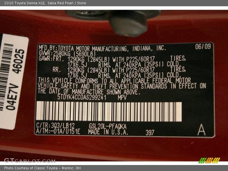 2010 Sienna XLE Salsa Red Pearl Color Code 3Q3