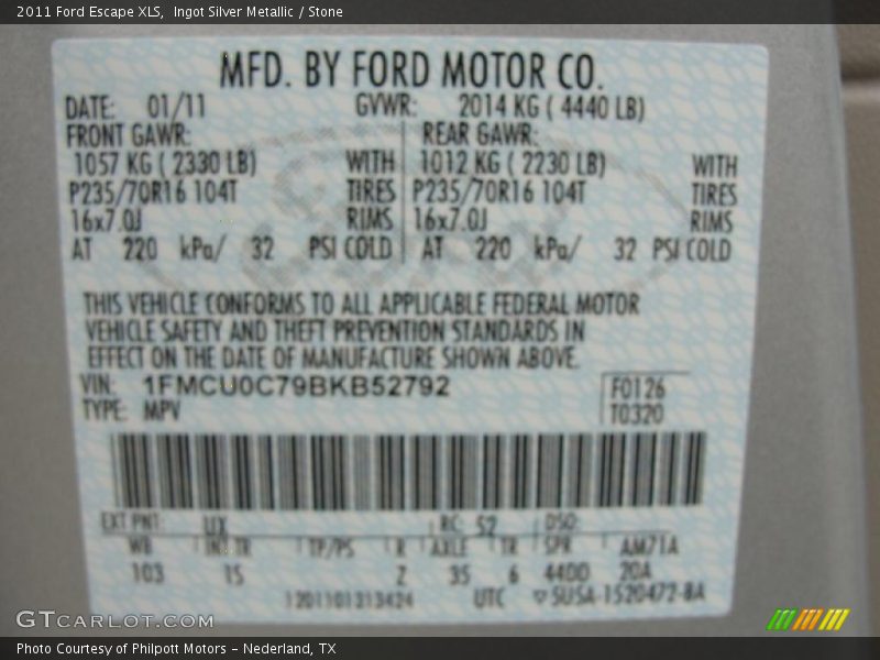 2011 Escape XLS Ingot Silver Metallic Color Code UX