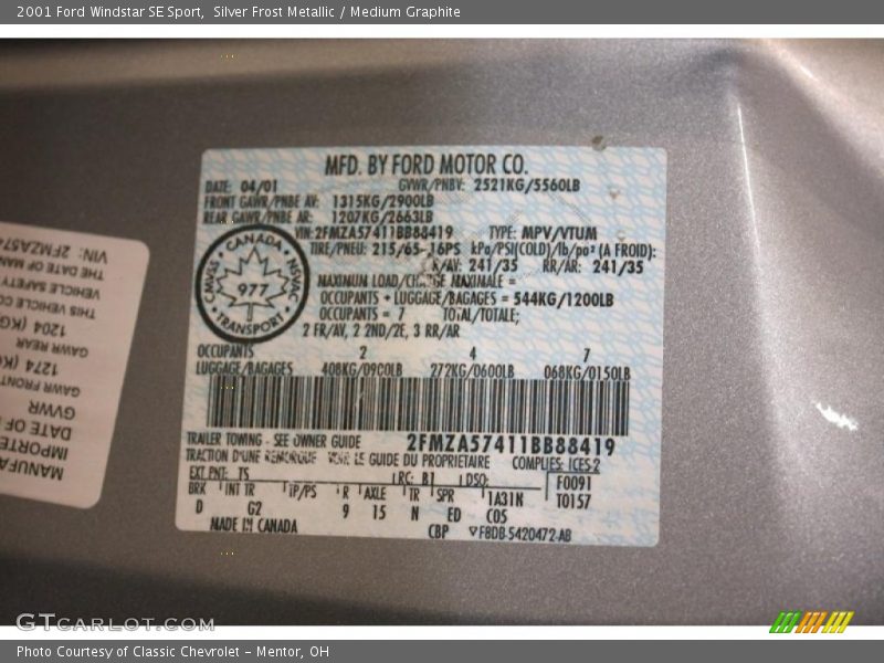 Info Tag of 2001 Windstar SE Sport