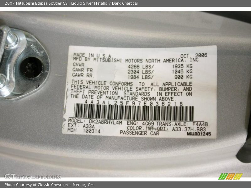 Liquid Silver Metallic / Dark Charcoal 2007 Mitsubishi Eclipse Spyder GS