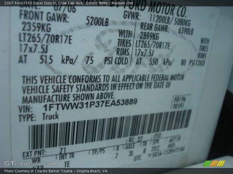 2007 F350 Super Duty XL Crew Cab 4x4 Oxford White Color Code Z1