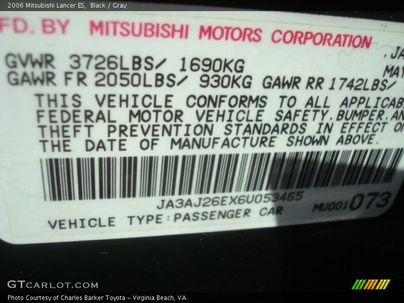 Black / Gray 2006 Mitsubishi Lancer ES