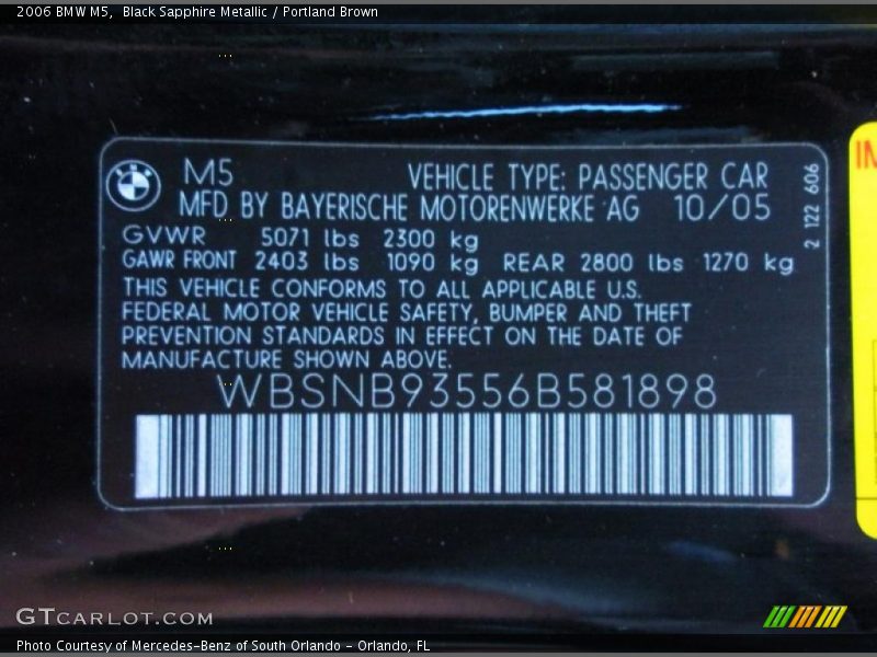 Black Sapphire Metallic / Portland Brown 2006 BMW M5