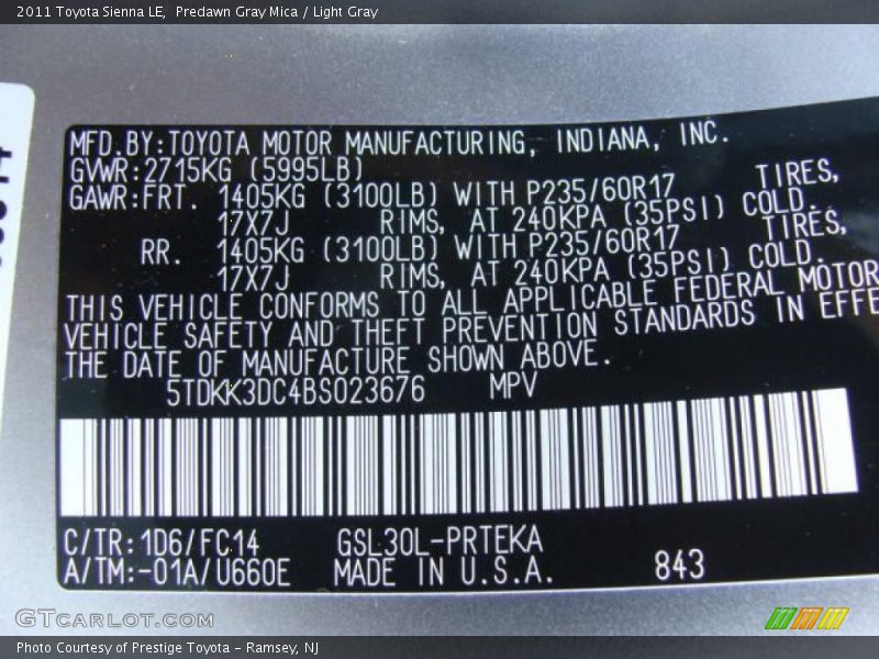 Predawn Gray Mica / Light Gray 2011 Toyota Sienna LE