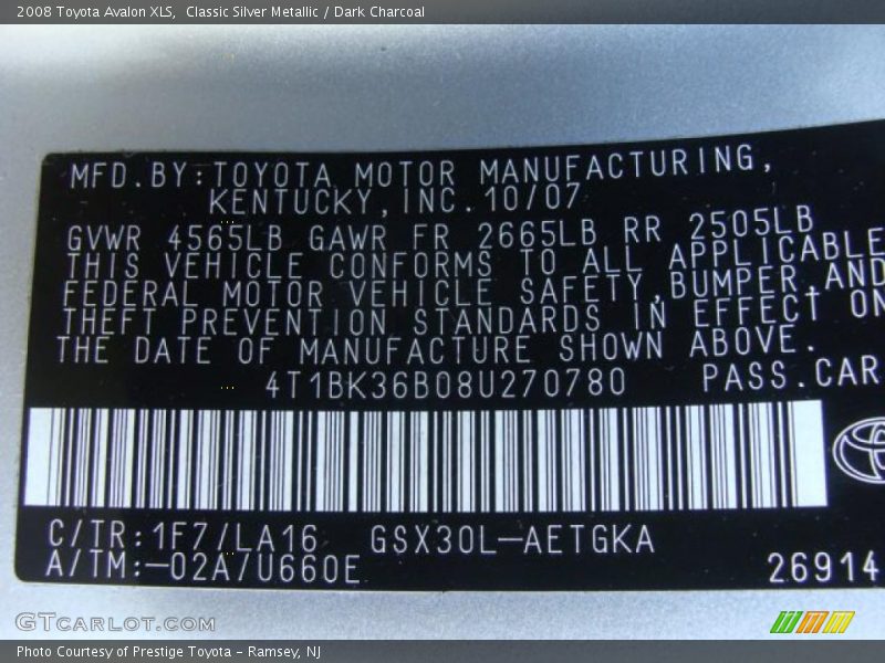 Classic Silver Metallic / Dark Charcoal 2008 Toyota Avalon XLS