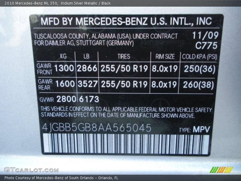 2010 ML 350 Iridium Silver Metallic Color Code 775