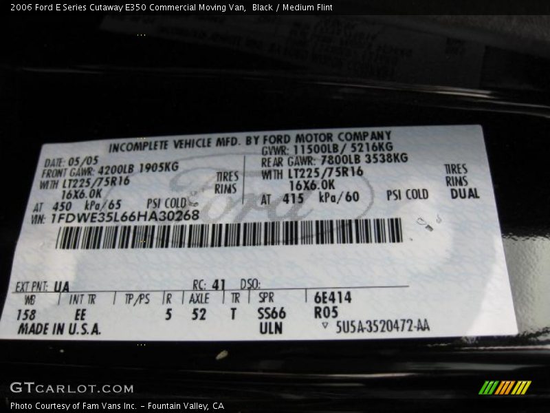 2006 E Series Cutaway E350 Commercial Moving Van Black Color Code UA