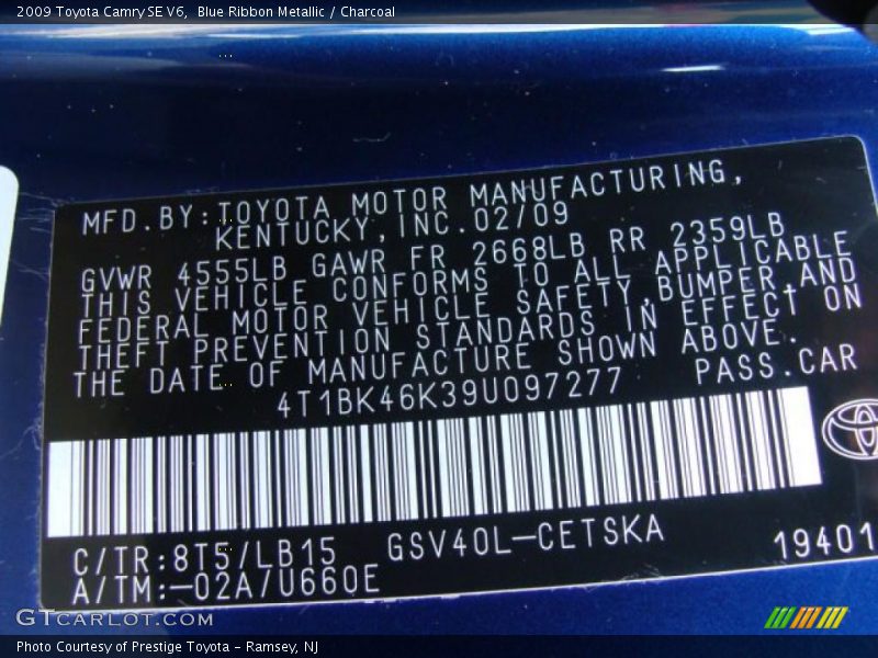 Blue Ribbon Metallic / Charcoal 2009 Toyota Camry SE V6