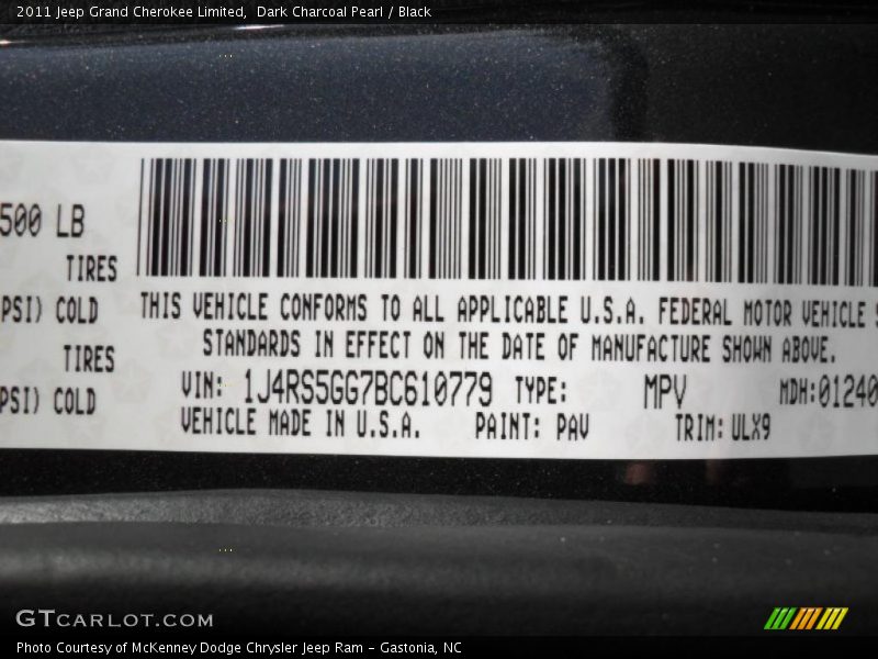 2011 Grand Cherokee Limited Dark Charcoal Pearl Color Code PAV