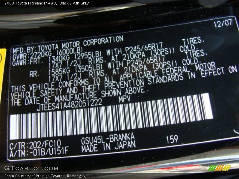 Black / Ash Gray 2008 Toyota Highlander 4WD