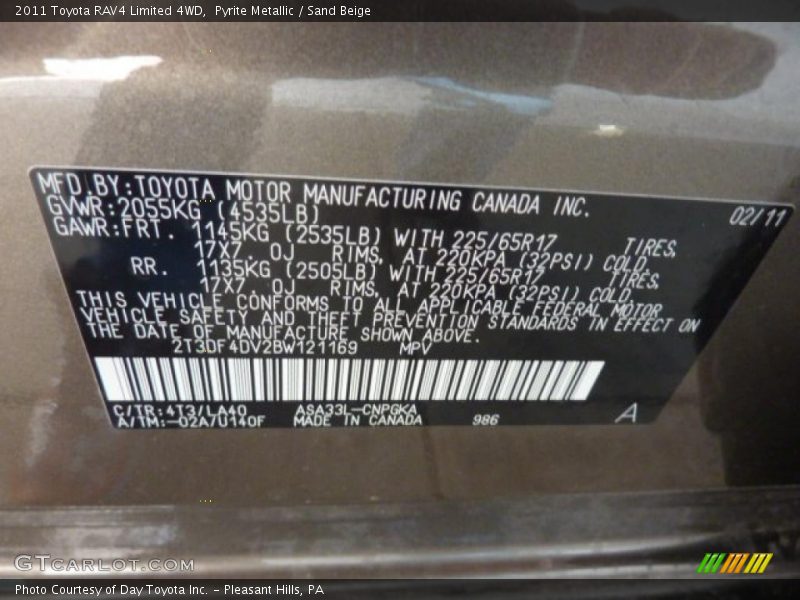 2011 RAV4 Limited 4WD Pyrite Metallic Color Code 4T3
