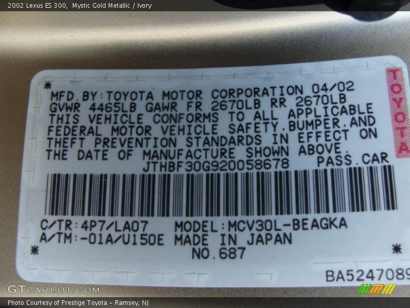 Mystic Gold Metallic / Ivory 2002 Lexus ES 300