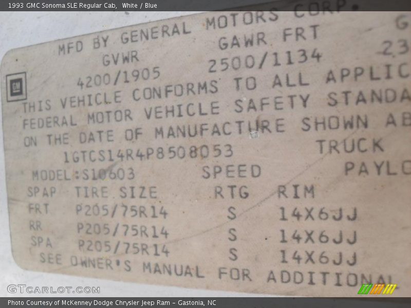 Info Tag of 1993 Sonoma SLE Regular Cab