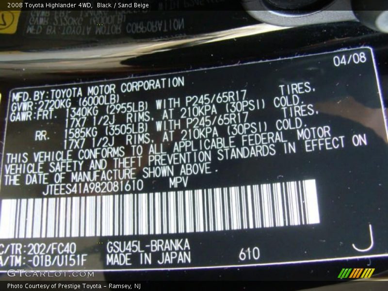 Black / Sand Beige 2008 Toyota Highlander 4WD